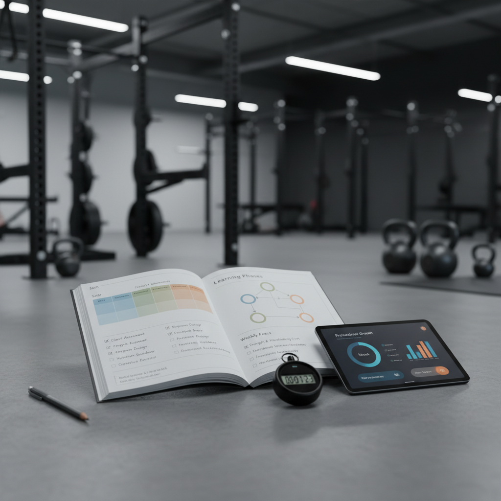 A close-up, photographic image of a high-end personal trainer development journal lying open on a smooth concrete gym floor. The pages display a detailed skills matrix, color-coded learning phases, and handwritten-style checkboxes, all printed with crisp precision. Beside the journal rests a graphite mechanical pencil, a digital stopwatch, and a slim tablet showing a progress dashboard. Overhead, diffused industrial lighting from minimalist LED panels creates a cool, balanced illumination with gentle reflections on the tablet screen. The background fades into a soft bokeh of squat racks and kettlebells, keeping full focus on the planning tools. Captured from a slightly elevated angle, the mood is methodical, disciplined, and aspirational, emphasizing structured growth and professional mastery.