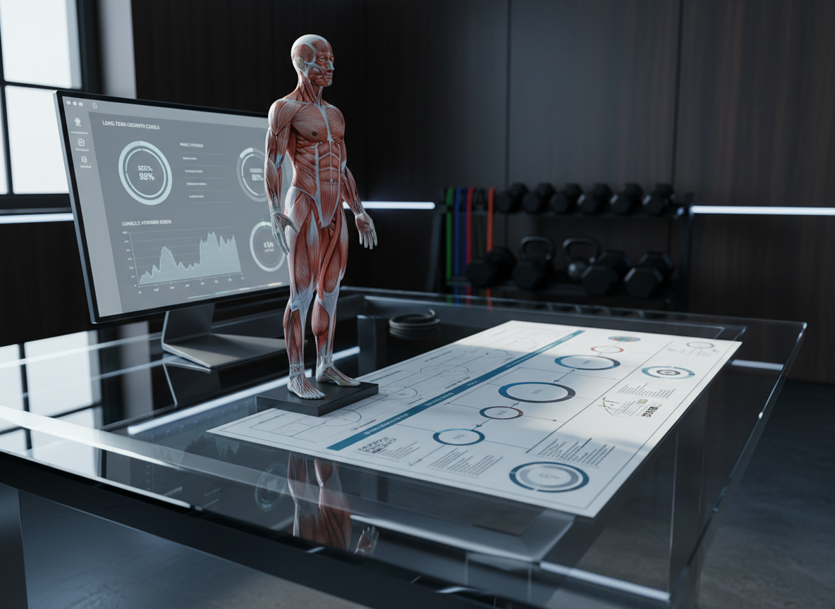 A futuristic yet realistic personal training strategy workspace: a wide, ultra-clear glass desk displaying a transparent acrylic model of a human muscular system, next to layered printed development roadmaps with arrows, milestones, and timelines. A thin, frameless monitor shows a clean interface with competency dashboards and long-term growth goals. The room features dark wood walls, subtle LED accent strips, and a distant rack of neatly arranged training implements. Cool, directional side lighting from an unseen window creates defined highlights on the glass and acrylic, with soft shadows stretching across the desk. Captured from a low, three-quarter angle, the depth of field keeps the entire desk in focus while the background softens slightly. The mood is high-tech, strategic, and forward-looking, aligned with professional, future-oriented learning.