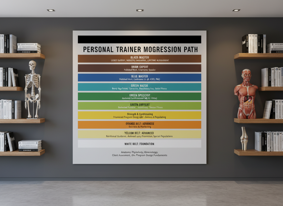 A large, wall-mounted personal trainer “black belt” progression chart rendered in photographic realism, printed on smooth matte white board with crisp, dark typography and clean colored bands marking each development stage. The chart hangs on a charcoal-grey wall in a minimalist education space, flanked by neatly aligned shelves of reference manuals and anatomical models. Subtle warm light from recessed ceiling fixtures casts even illumination, minimizing glare and making every line legible. Shot straight-on with sharp focus across the entire frame, the composition is symmetrical and balanced, creating a professional, authoritative atmosphere. The mood is focused and aspirational, visually expressing the journey from foundational skills to expert-level mastery in a clear, modern, and structured way.