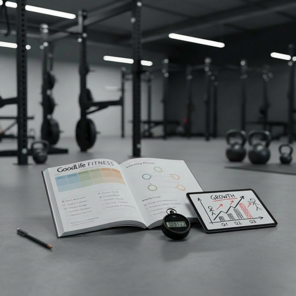 personal trainer development A close-up, photographic image of a high-end personal trainer development journal lying open on a smooth concrete gym floor. The pages display a detailed skills matrix, color-coded learning phases, and handwritten-style checkboxes, all printed with crisp precision. Beside the journal rests a graphite mechanical pencil, a digital stopwatch, and a slim tablet showing a progress dashboard. Overhead, diffused industrial lighting from minimalist LED panels creates a cool, balanced illumination with gentle reflections on the tablet screen. The background fades into a soft bokeh of squat racks and kettlebells, keeping full focus on the planning tools. Captured from a slightly elevated angle, the mood is methodical, disciplined, and aspirational, emphasizing structured growth and professional mastery.